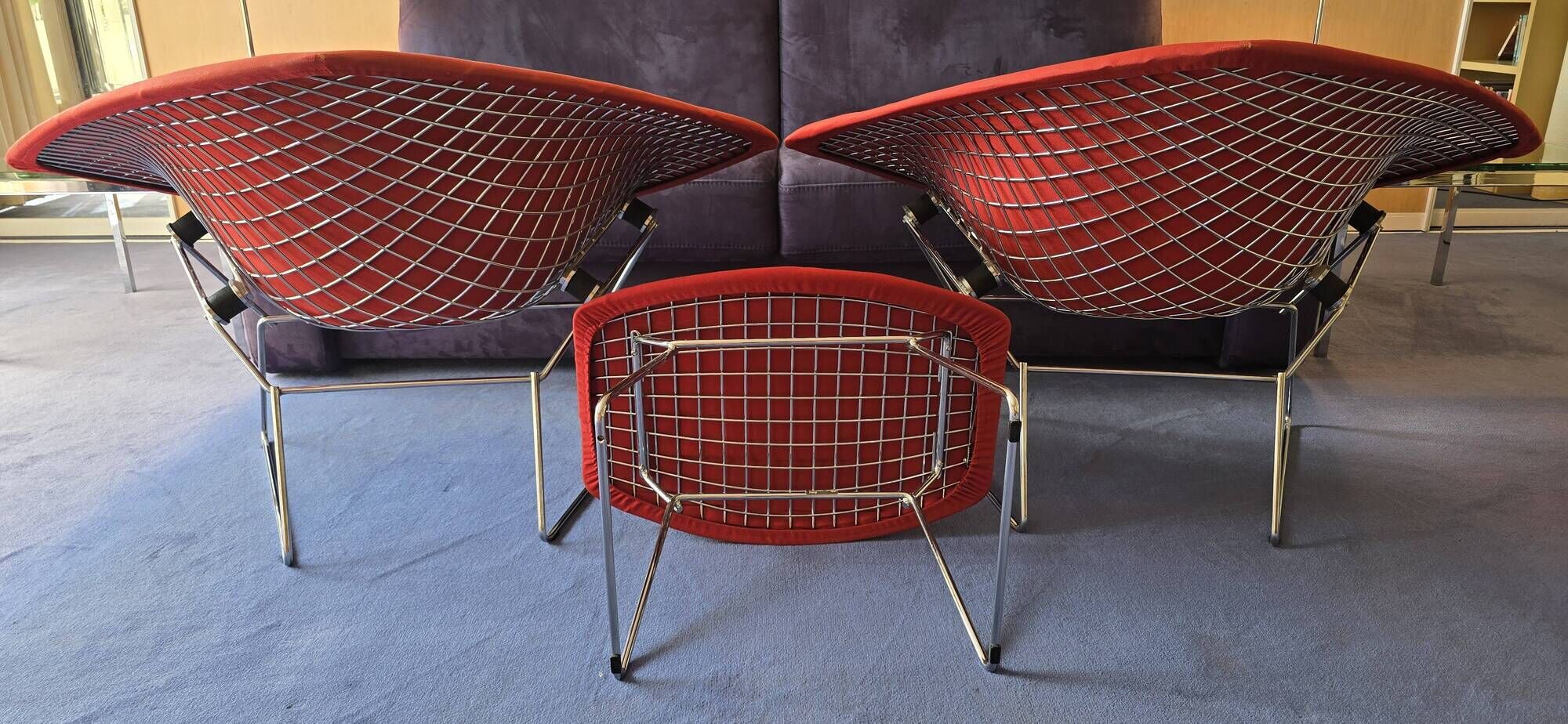 2 Bertoïa Diamond Armchairs + 1 Pouf, Cavalier Cardinal Fabric, Year 1995