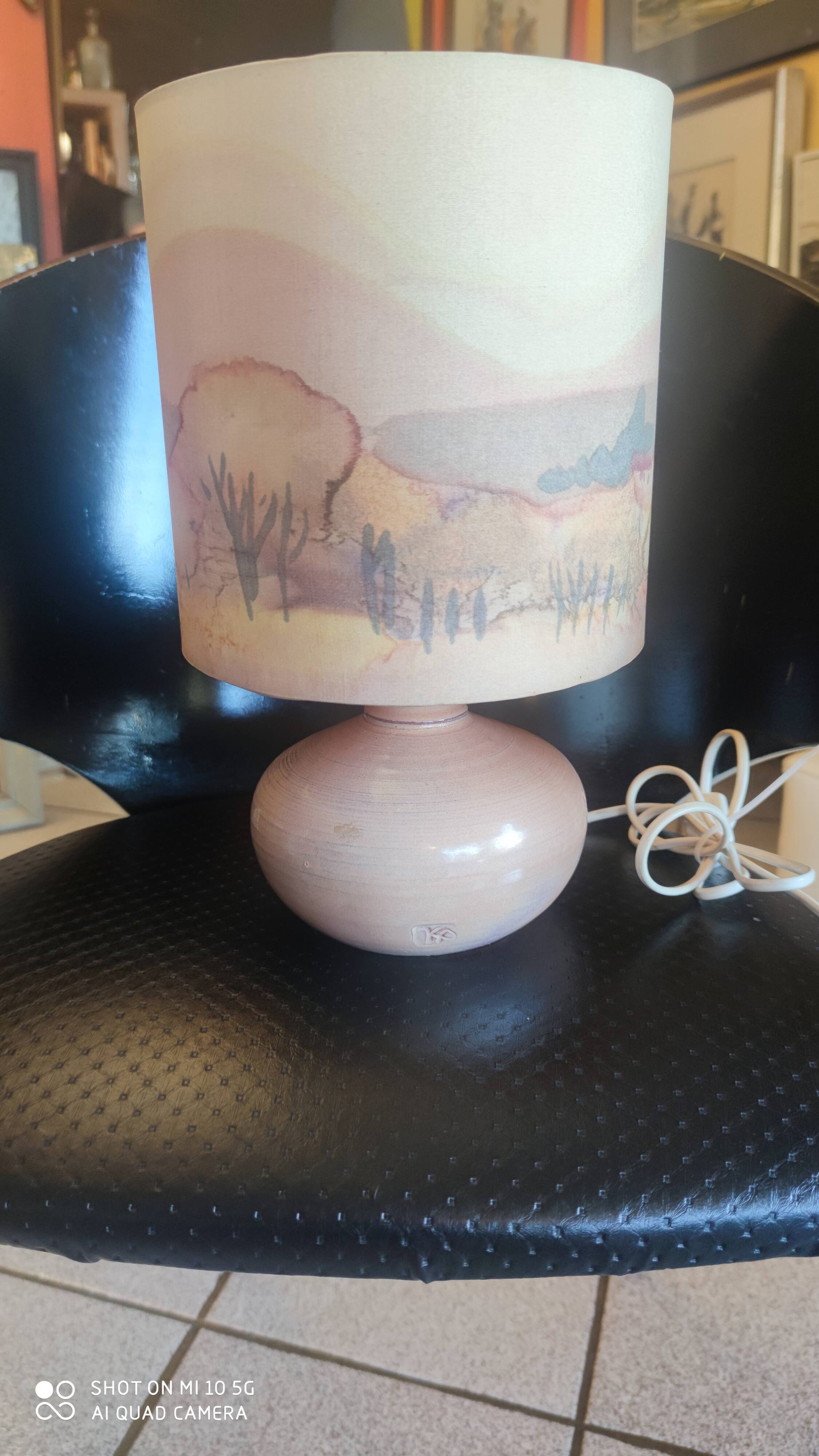 Ceramic lamp and its painted silk lampshade, circa 1970