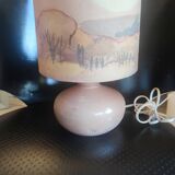 Ceramic lamp and its silk lampshade painted around 1970