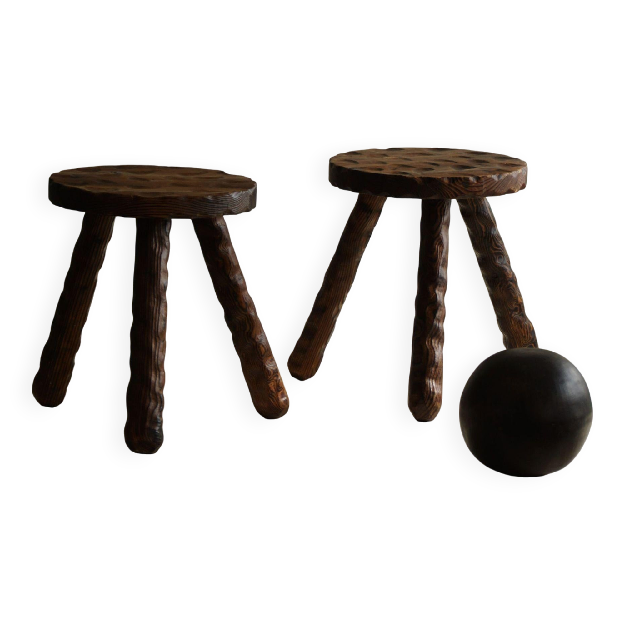 A pair of Wabi Sabi stools carved from pine, mid-century modern Swedish style, 1960s.