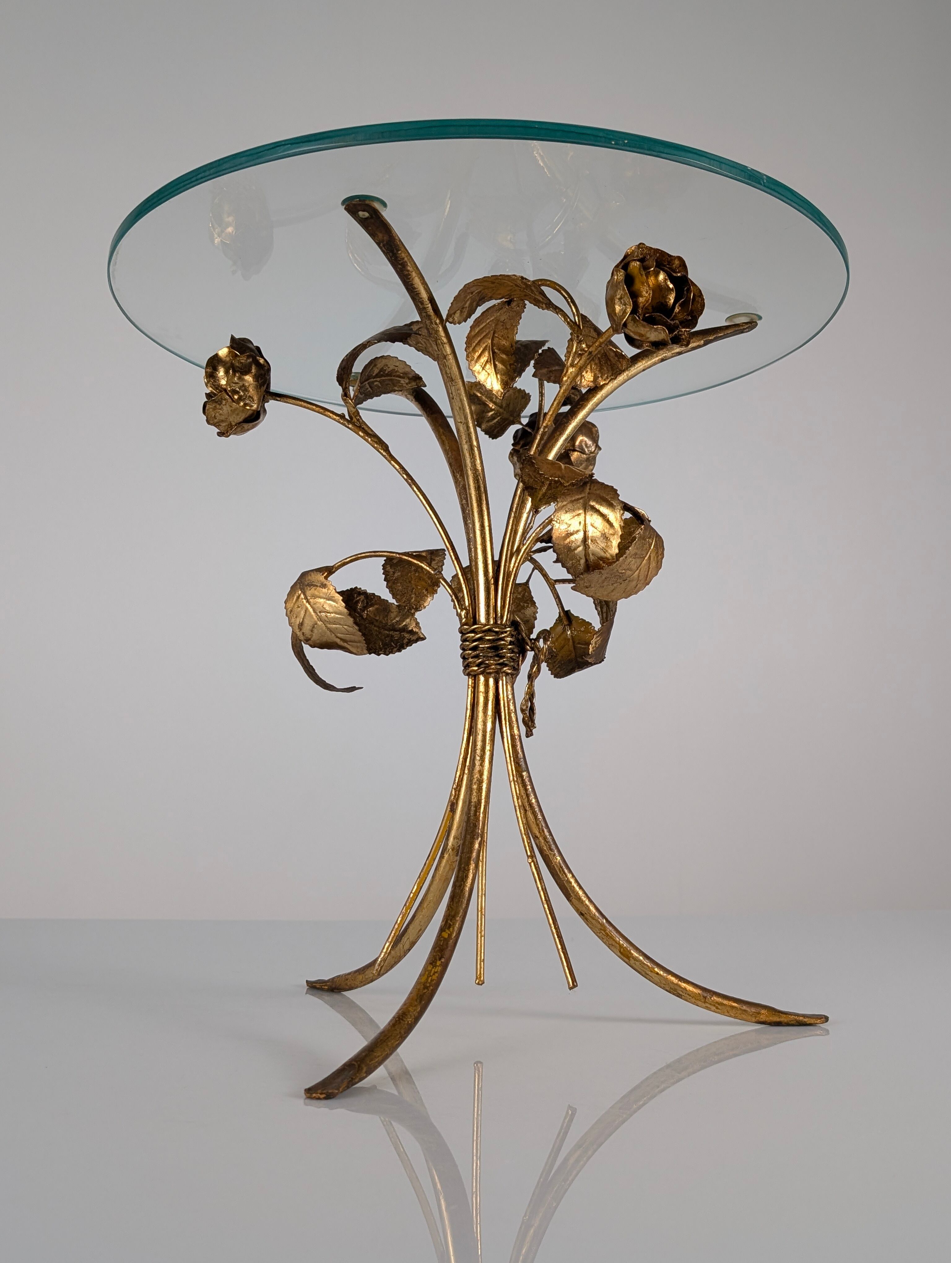 Mid-century side table in gilded metal with roses and glass top, 1970s