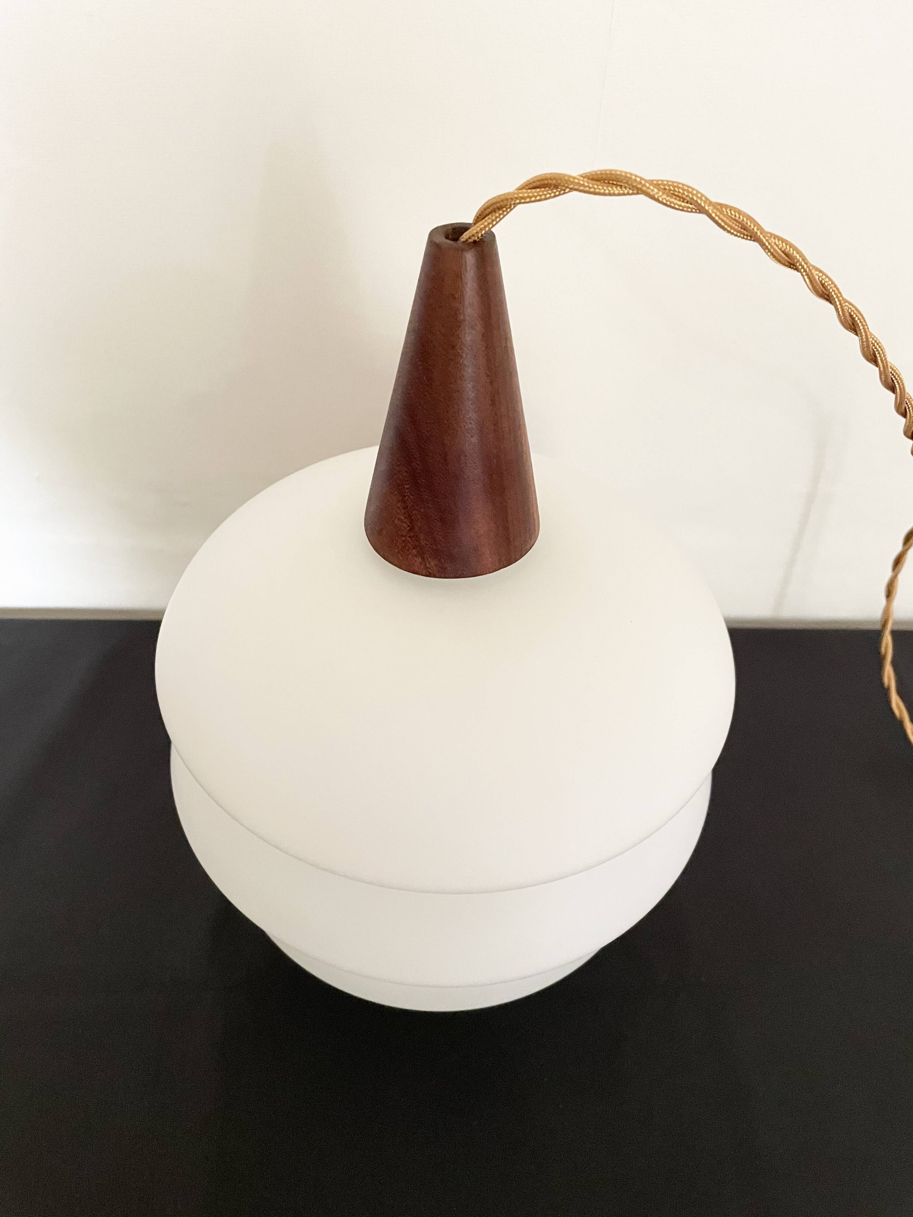 Scandinavian pendant light in opaline and teak