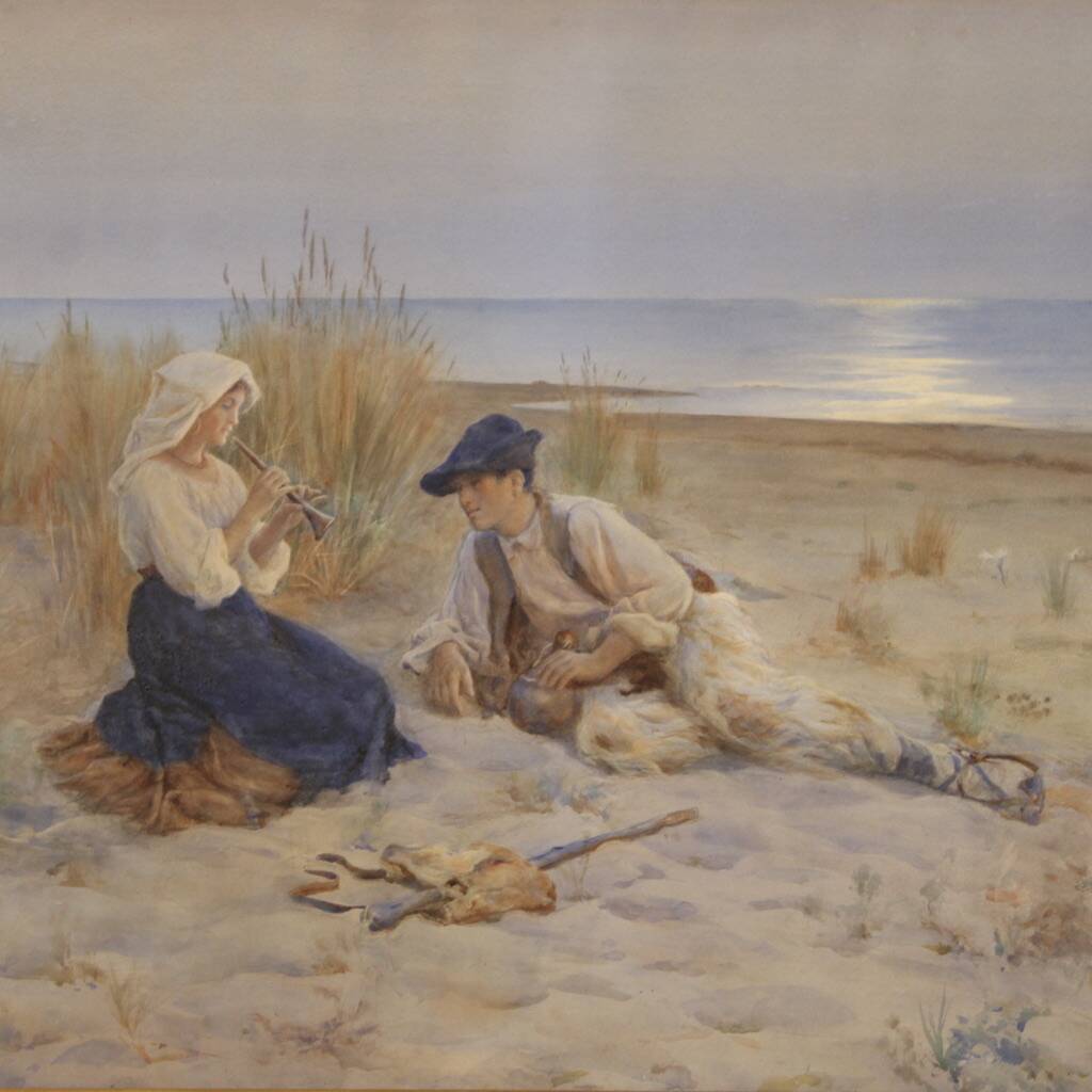 Italian painting watercolor seascape from the 20th century