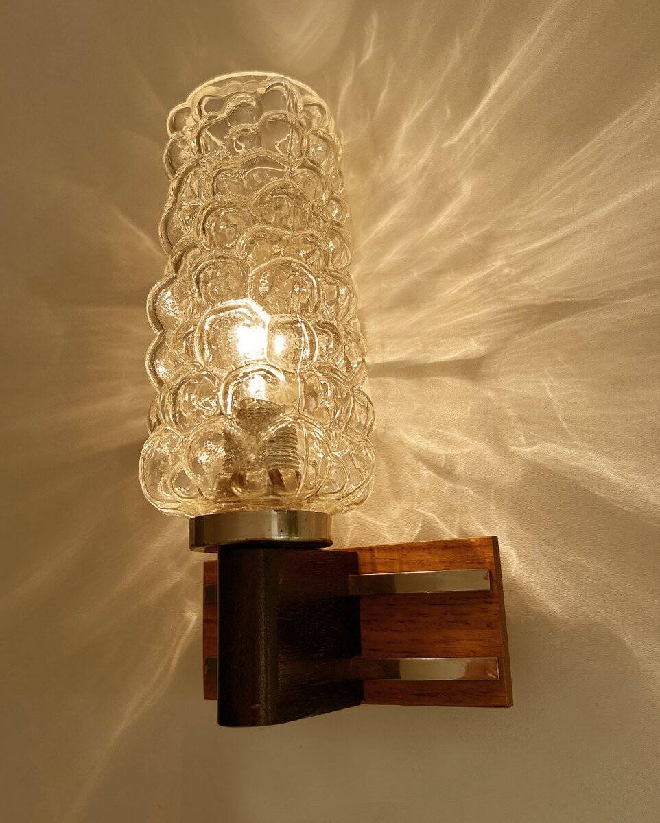 Pair Vintage Danish Bubble Blass Wood sconces