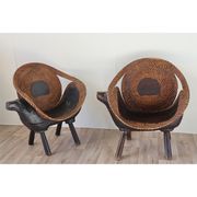 Pair of vintage armchairs carved wood and rattan 1960