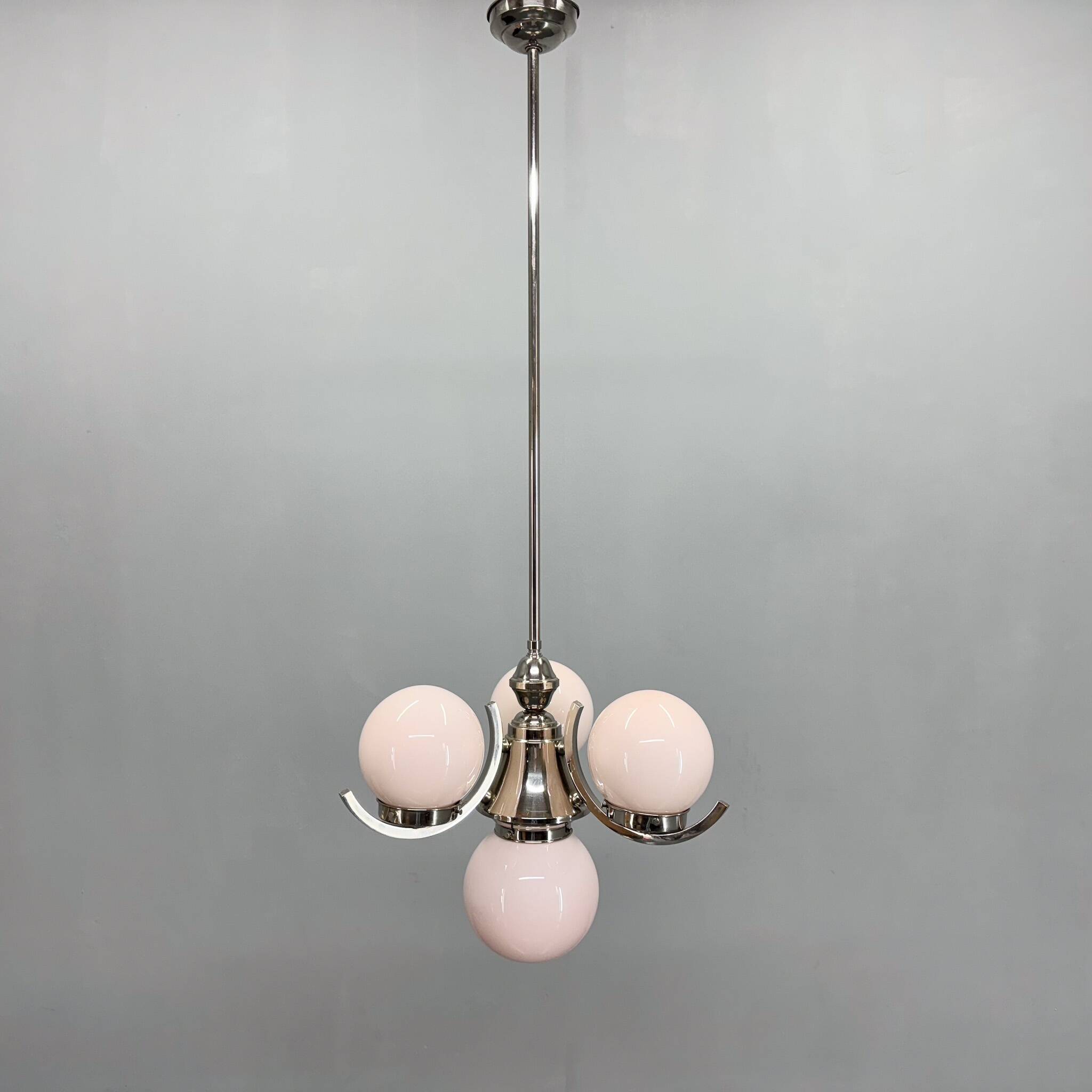 Art Deco Chrome and Pink Glass Chandelier, 1930's