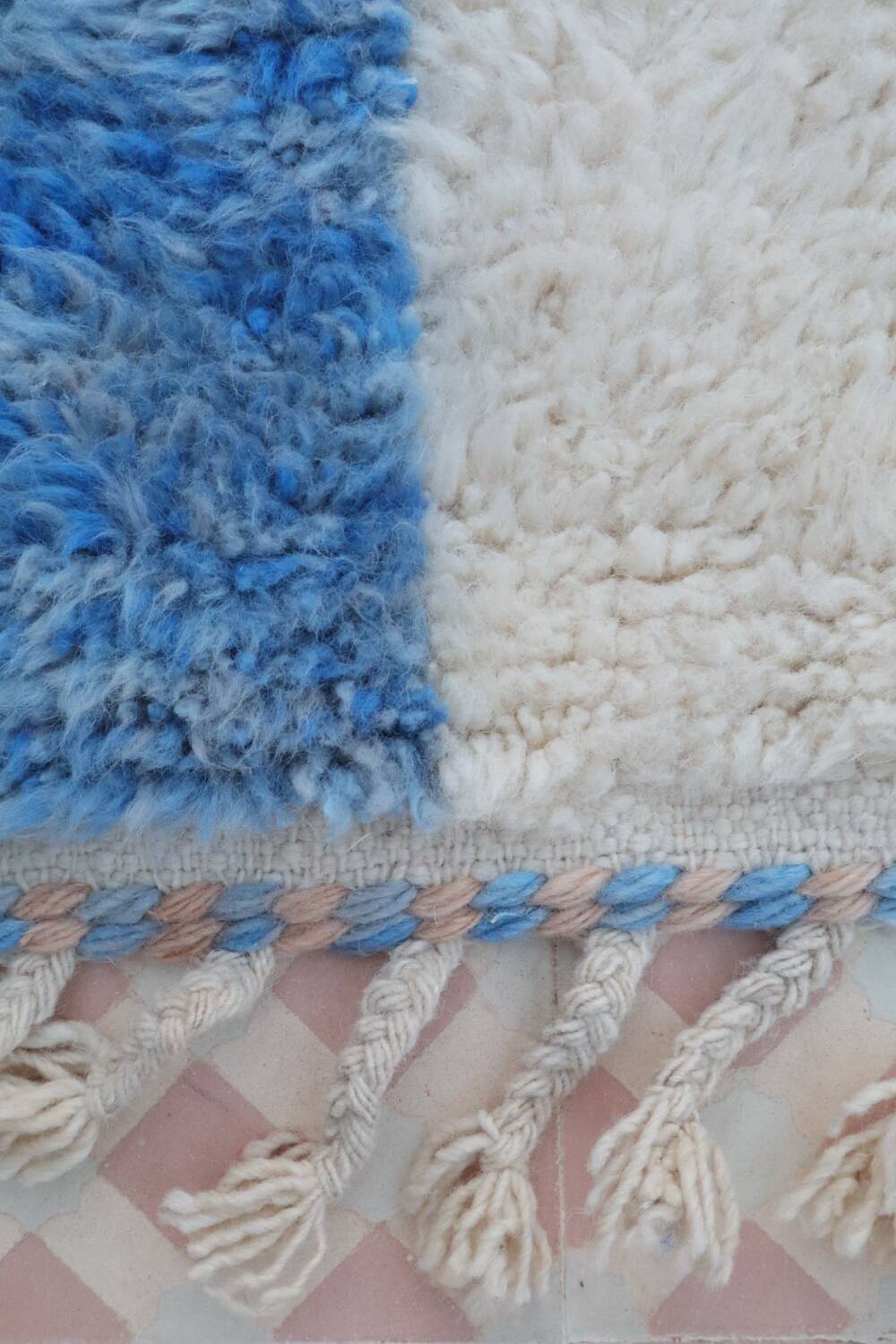Modern light blue and beige colorful Berber rug