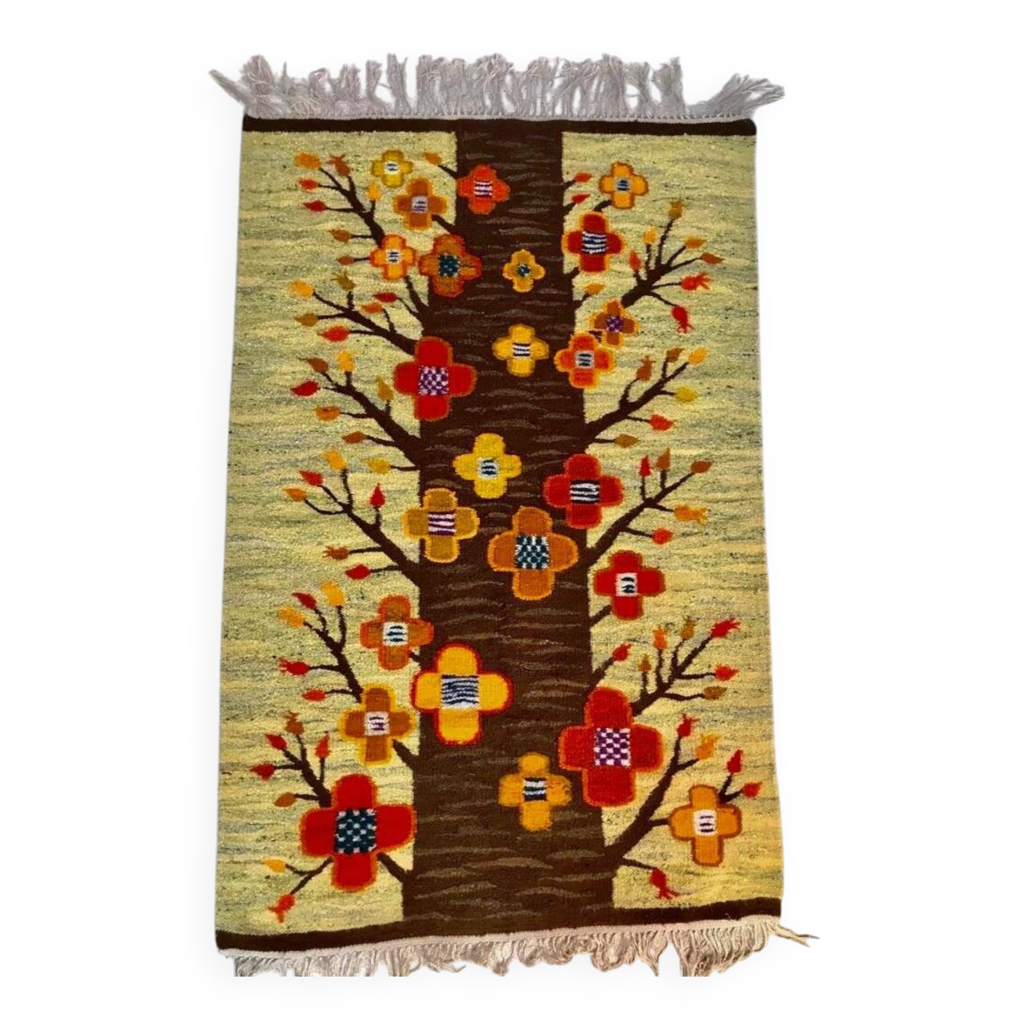 Polish kilim or wall rug with tree and blossoms motif from Cepelia, 1960s