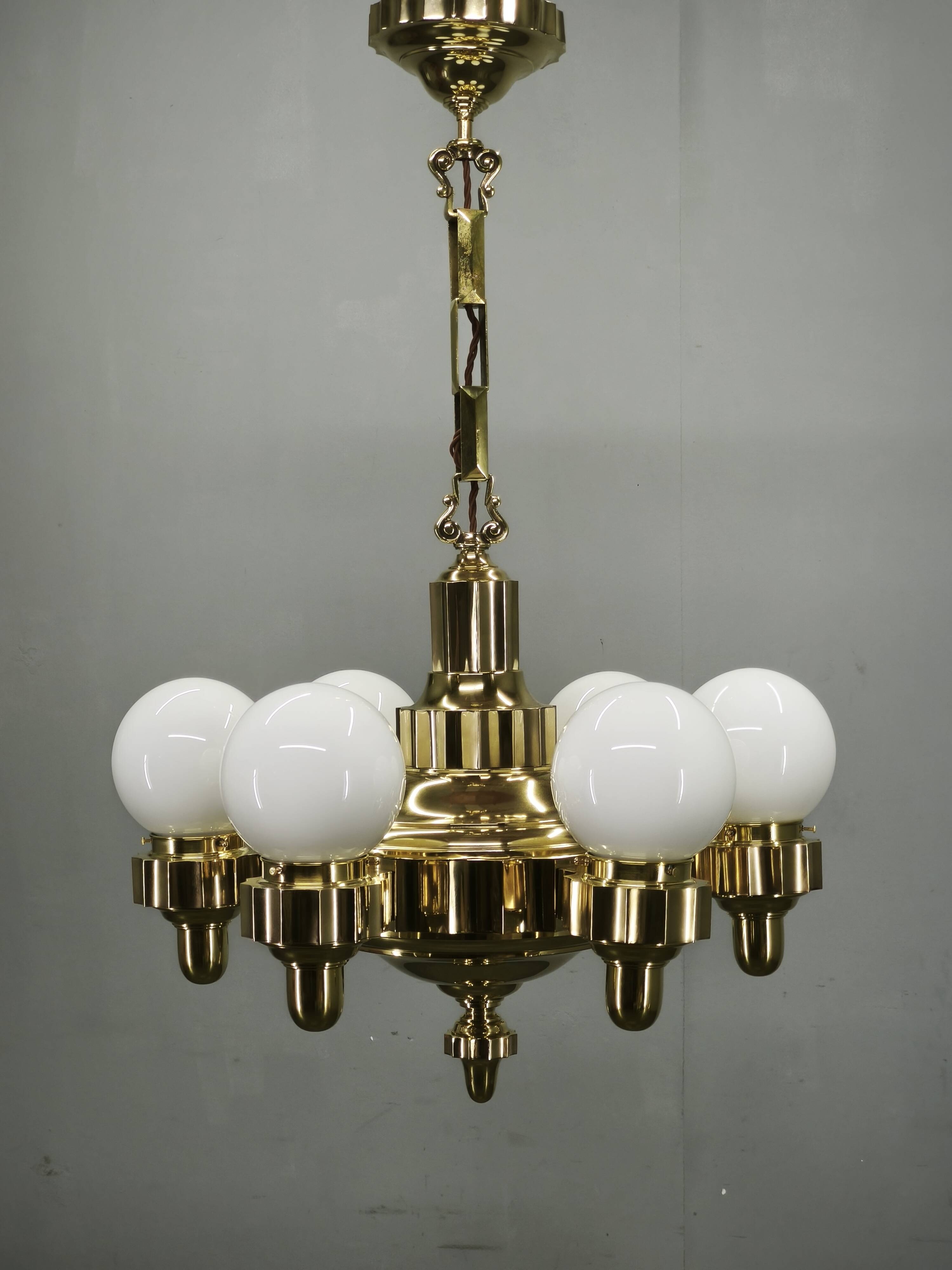 Lustre en laiton Art Déco tchèque avec positions de bras doubles, années 1930