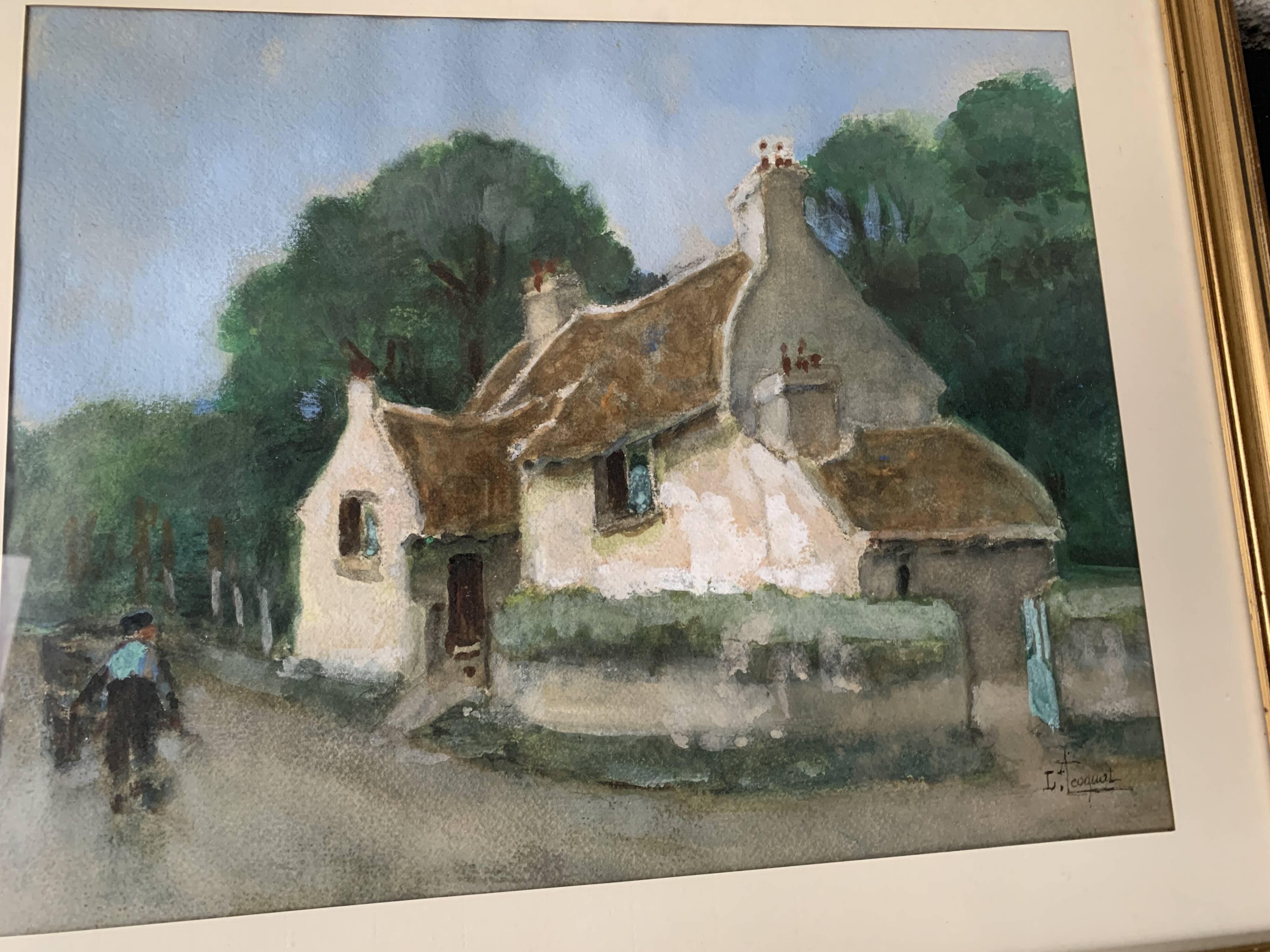 Rare Watercolor Louis Coquat rural landscape