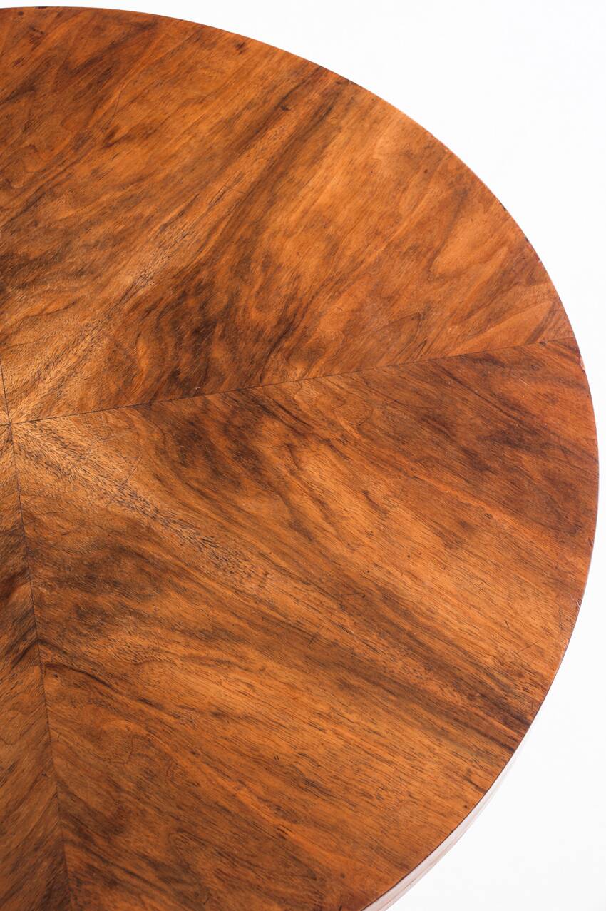 Art Deco style pedestal table in walnut wood veneer. France, 40's