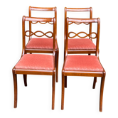 4 chaises à manger en bois massif et tissu velours rose des années 50