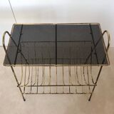 Extra table / black metal and brass vinyl door