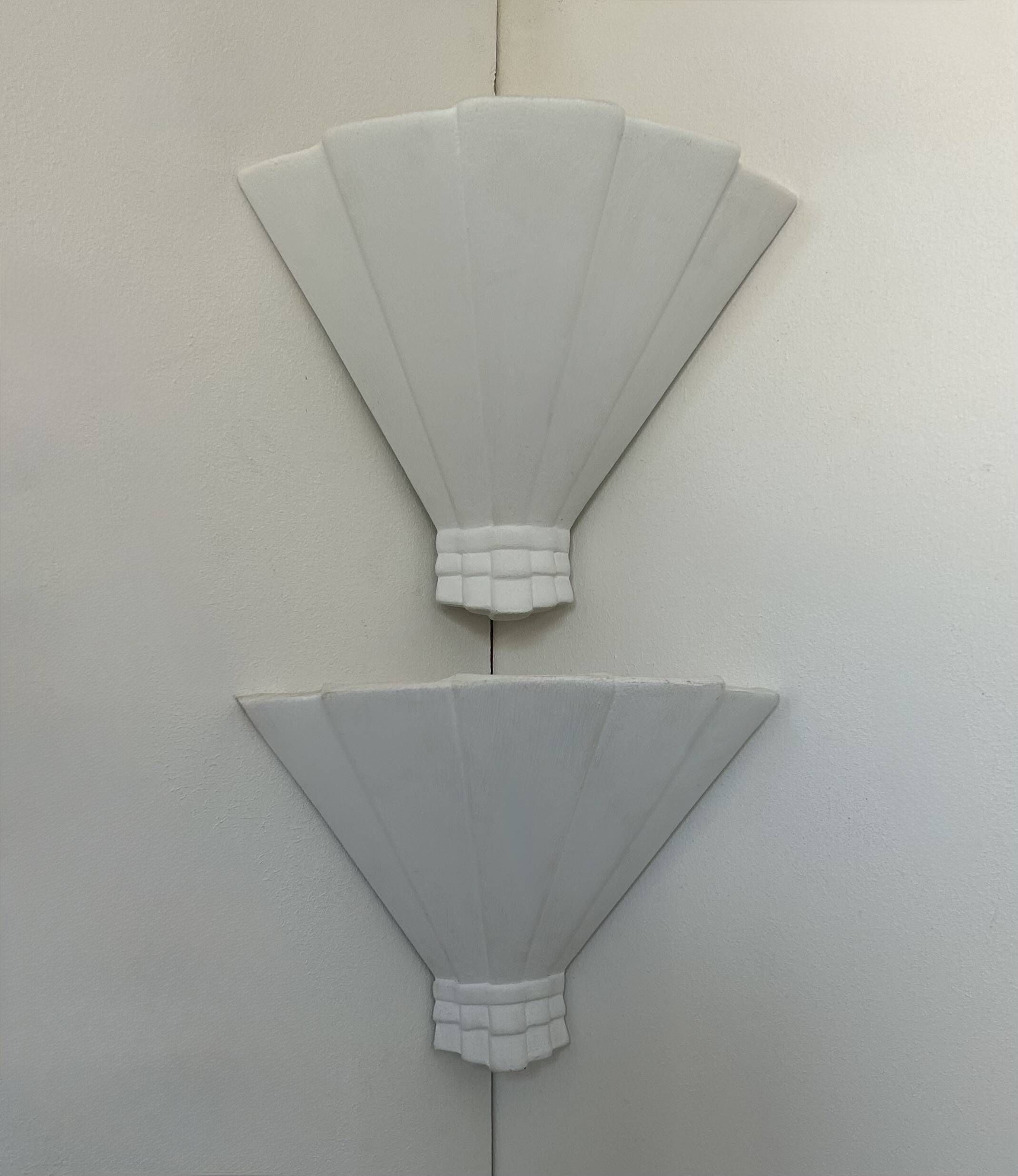 Pair of vintage corner wall lights, matte white plaster, France, 1970.