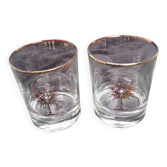 Two old religious communion souvenir glasses with cross