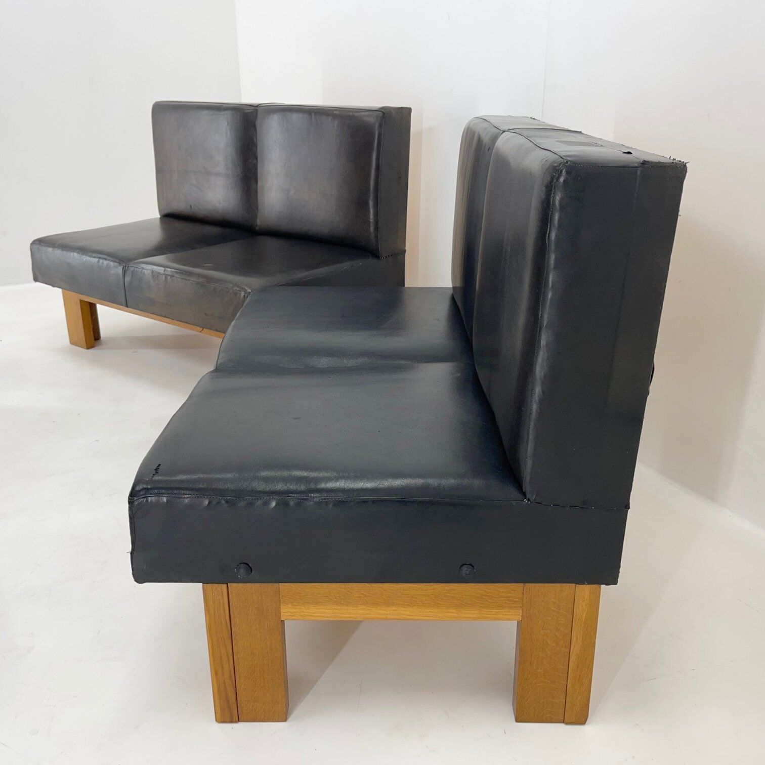 Leather & Oak Wood Modular Sofa and Chairs, 1970's