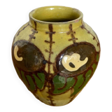 Antique yellow enameled terracotta vase painted decor made in france vintage