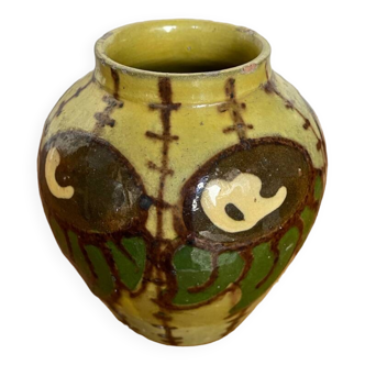 Ancien vase terre cuite émaillée jaune décor peint made in france vintage