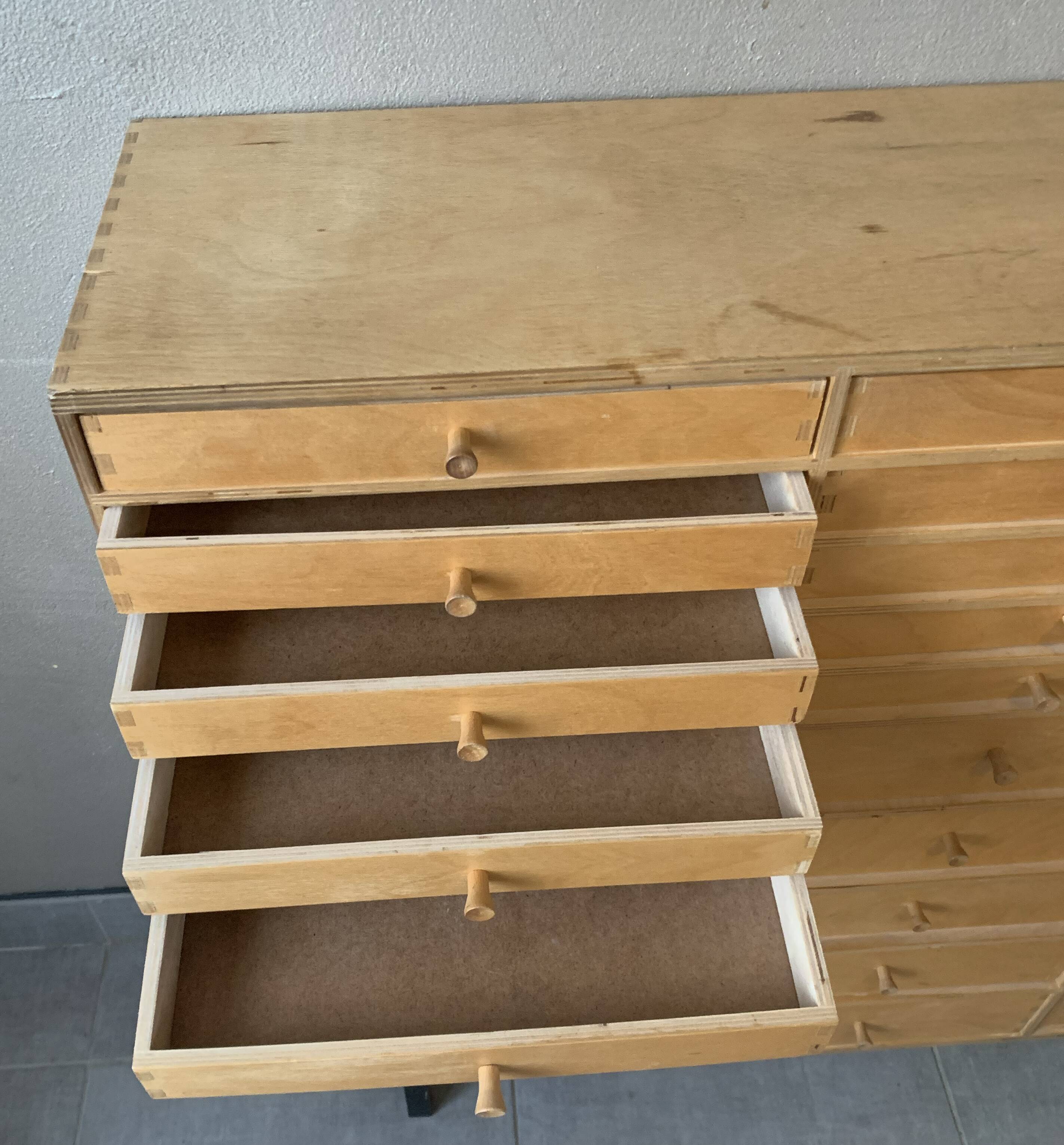 Vintage 20-drawer craft cabinet, 1960s in raw wood
