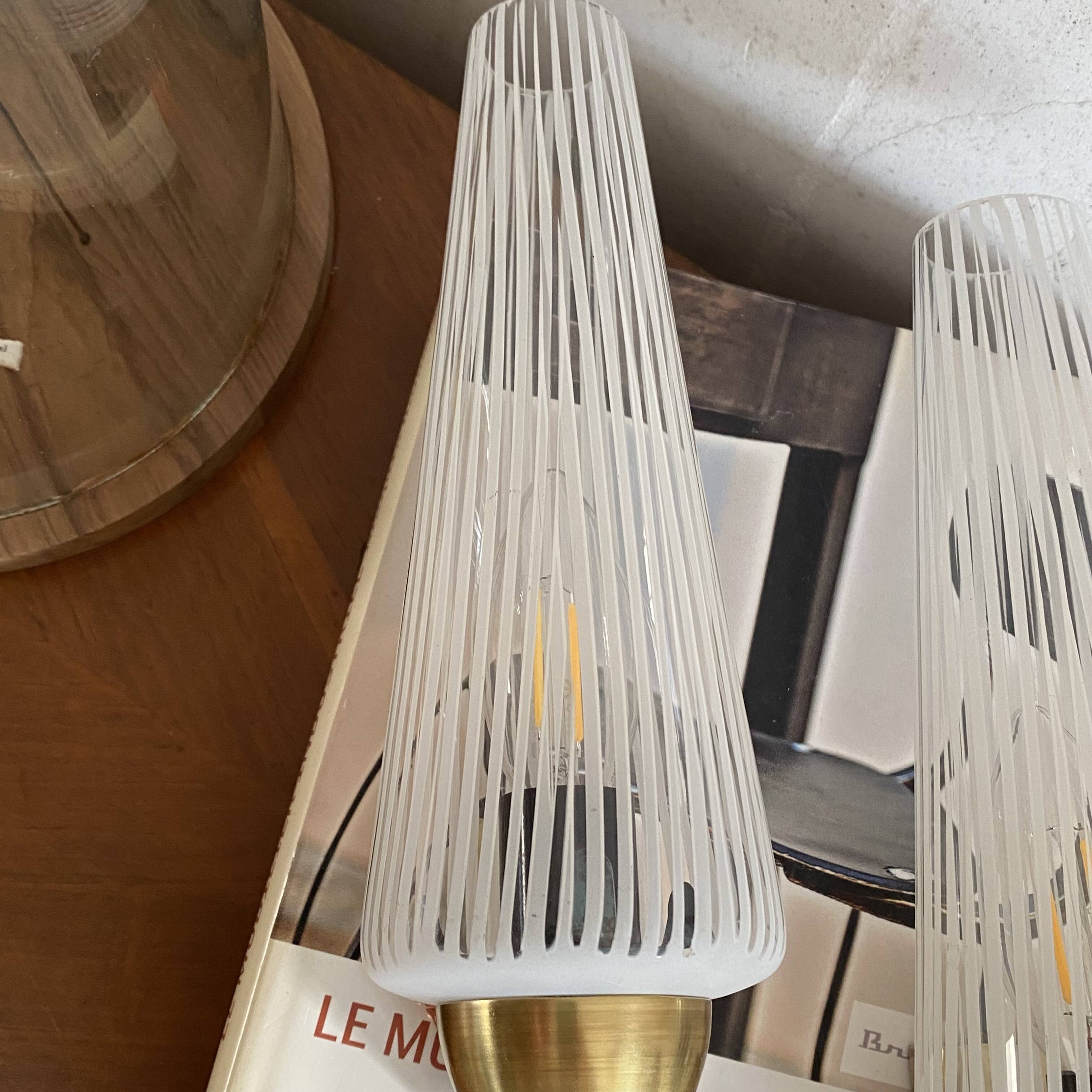 Pair of antique wall sconces brass tulip white striped glass