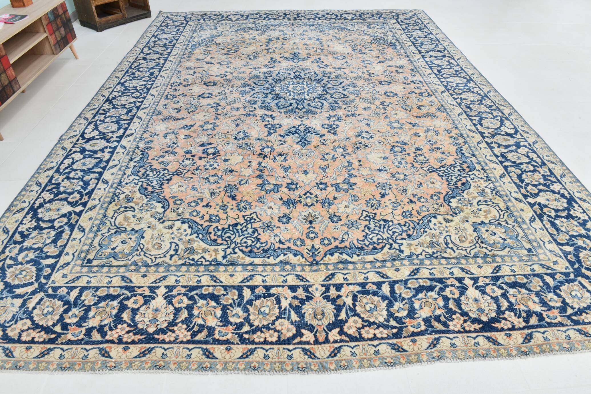 Tapis Persan Vintage Tissé Main, Motif Floral, Laine Beige & Bleu,301x414Cm