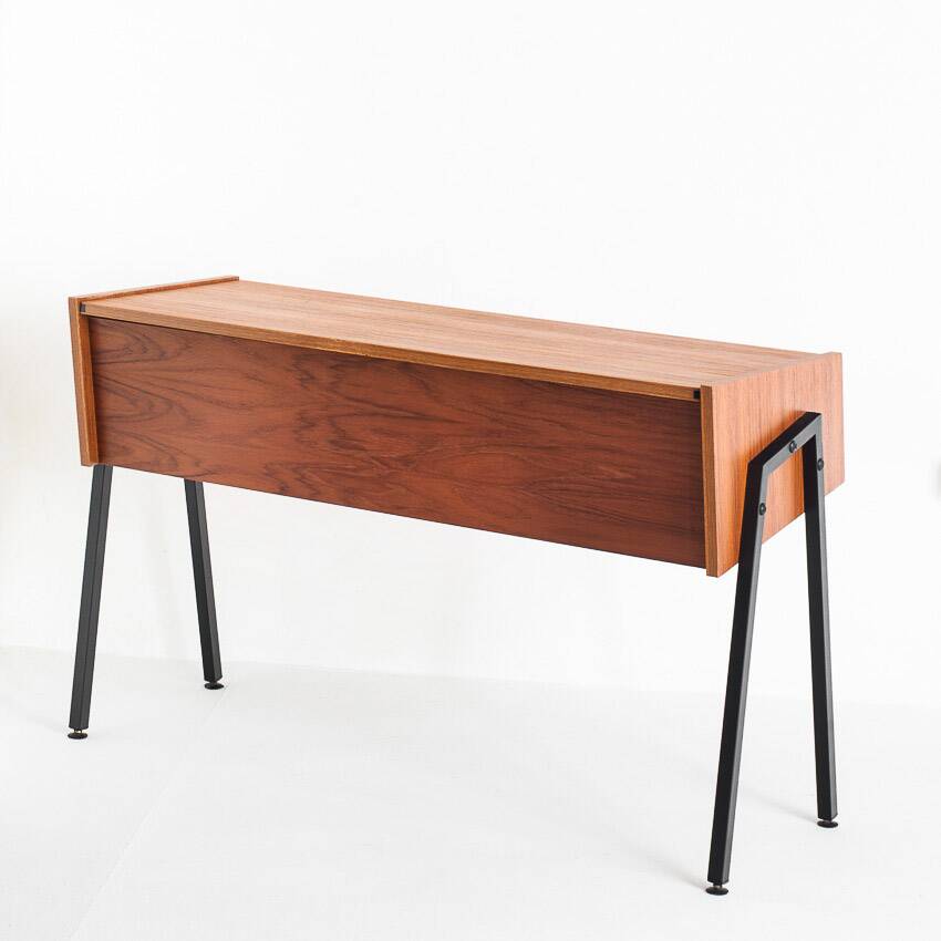 Vintage teak and lacquered iron console table. Scandinavian style. France, 1960s