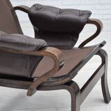 1970s, Scandinavian lounge chair in original condition, brown leather, dark bent wood.