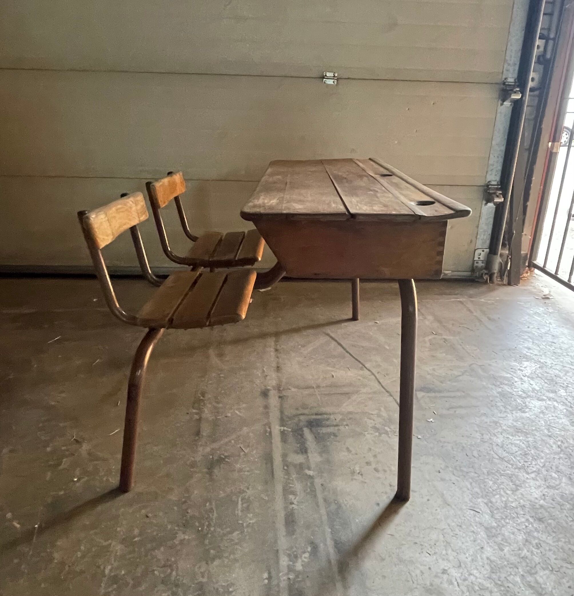 Double wooden desk and brown metal legs