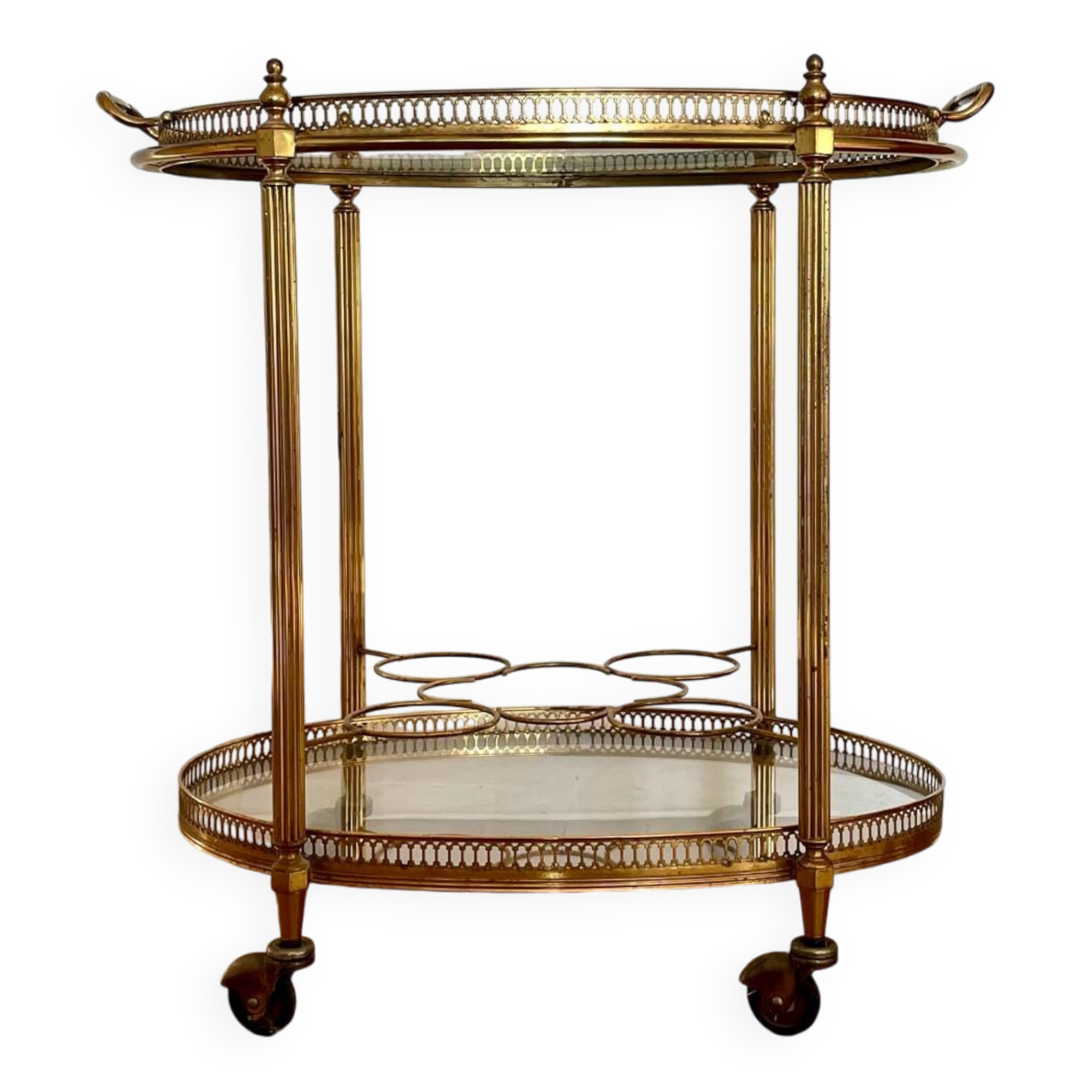 Vintage serving trolley in gilded brass and glass