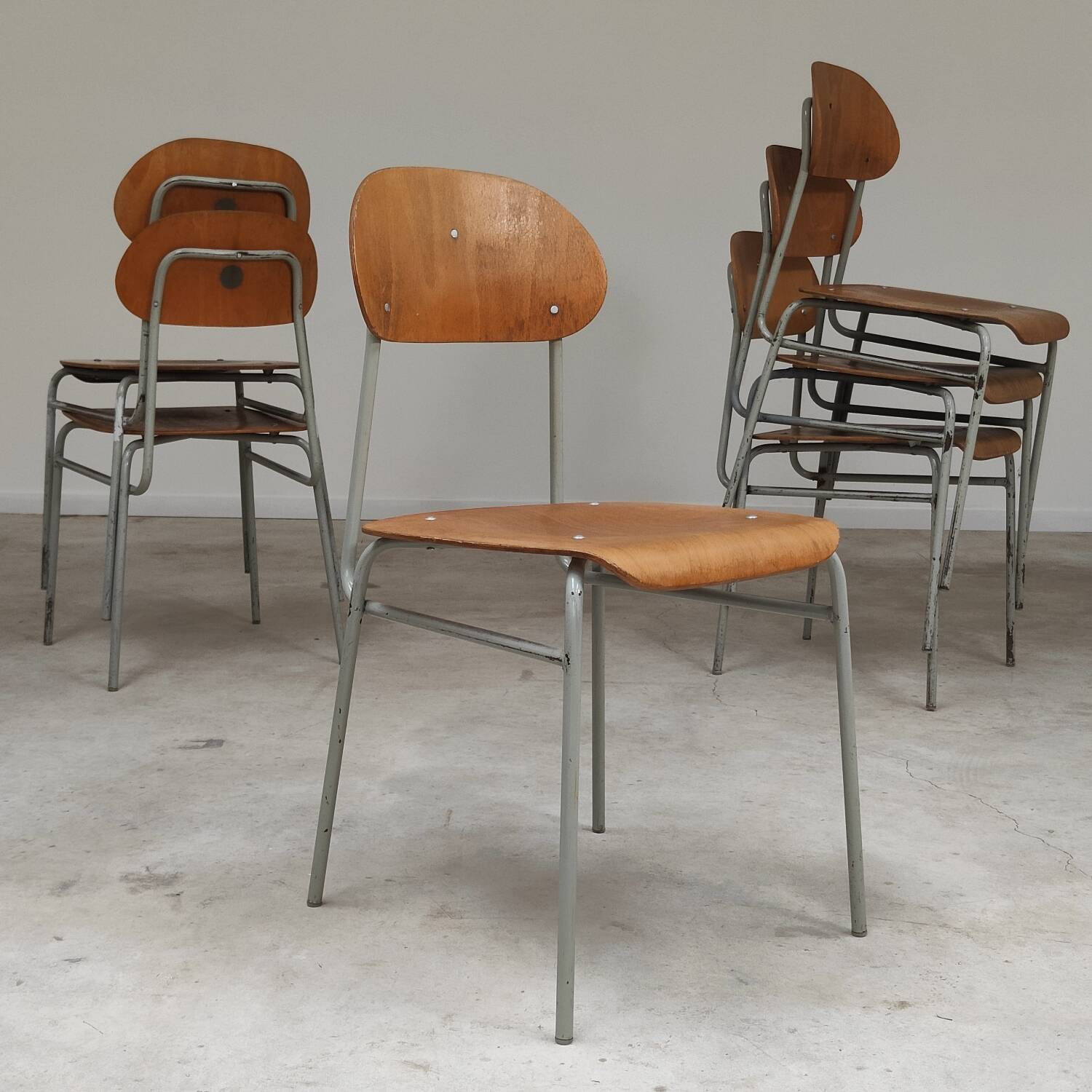 Set of 8 industrial style school chairs, Czechoslovakia 1950