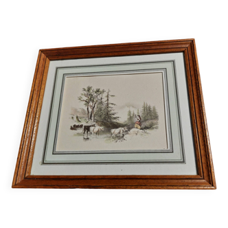 Engraving enhanced with watercolor signature to identify rural subject 20th century