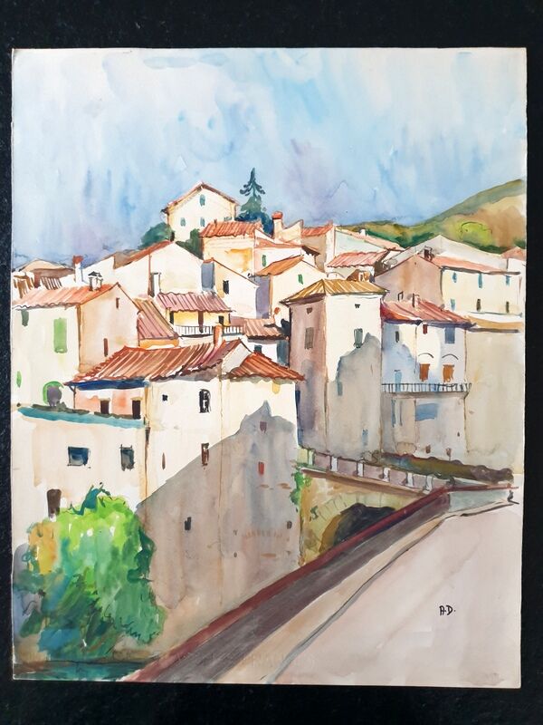 André Duculty (1912-1990) Watercolor on paper "Mediterranean Landscape" Monogrammed lower right
