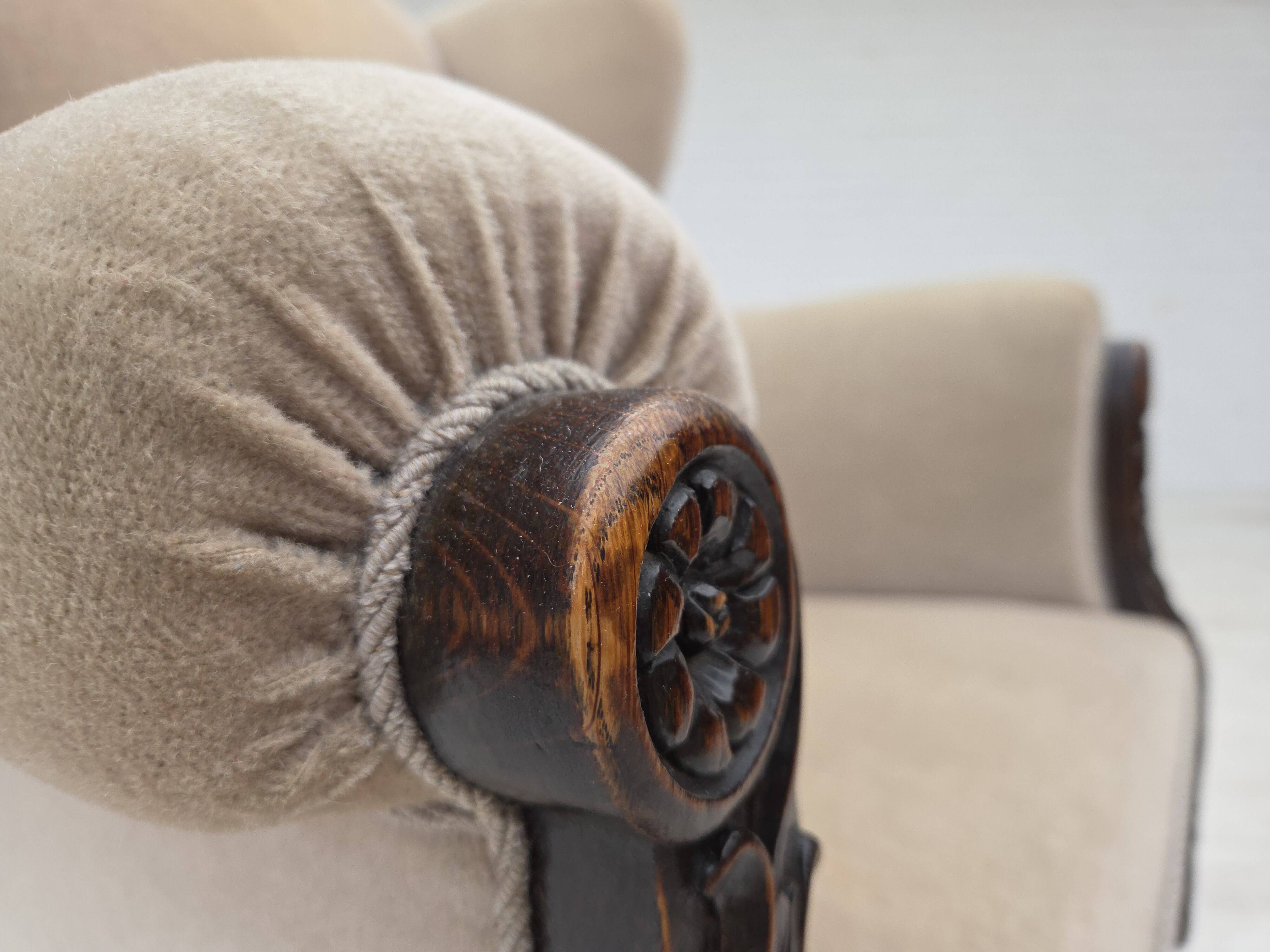 1960s, Danish wingback armchair, furniture velour, carved oak wood.