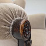 1960s, Danish wingback armchair, furniture velour, carved oak wood.