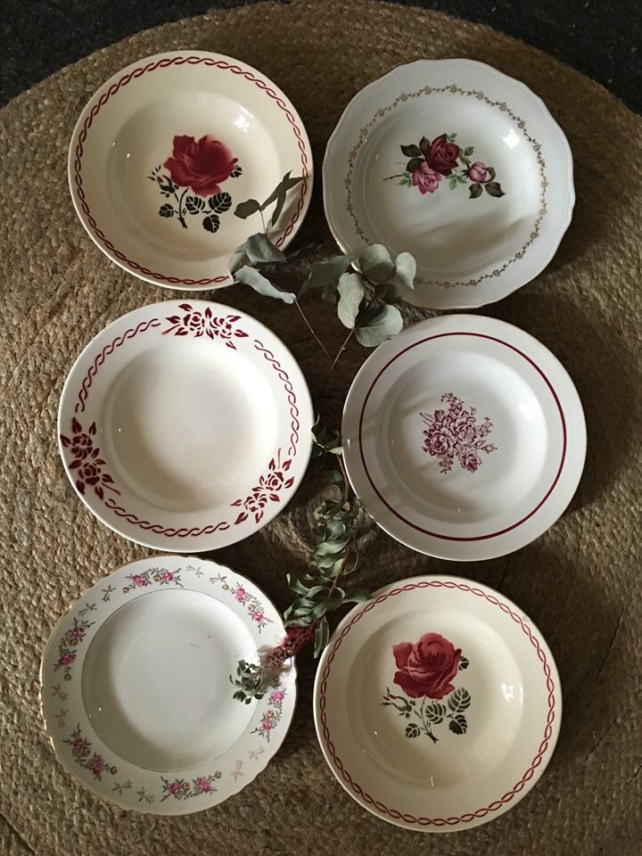 Old hollow plates mismatched ornate in red