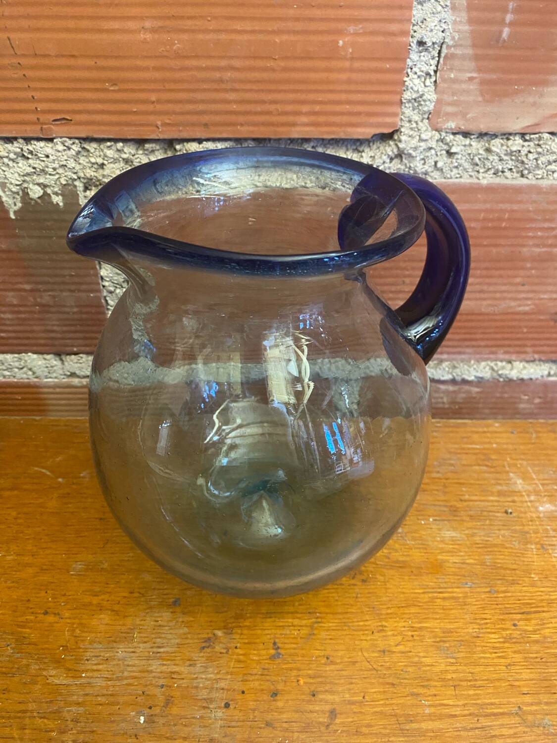 Antique Blown Bubble Glass Pitcher Transparent & Cobalt Blue 2L Vintage