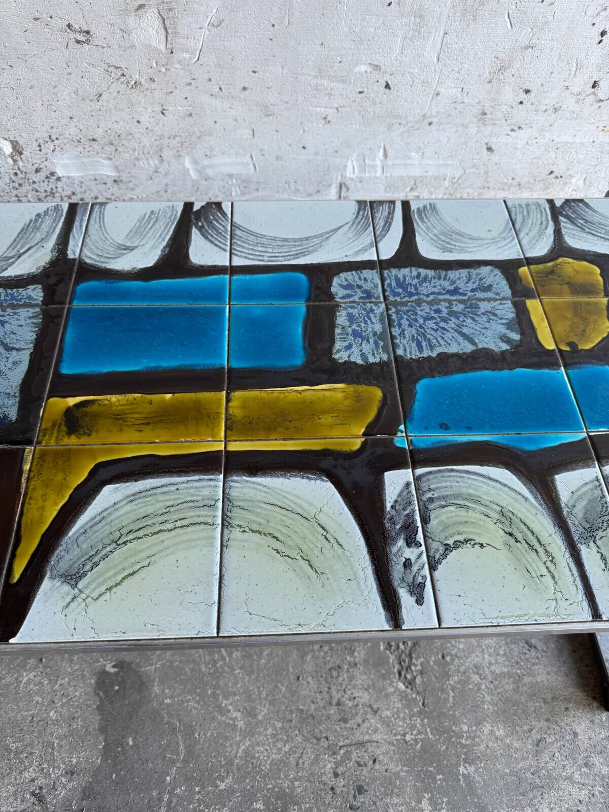 1970s Belgian Ceramic Mosaic Coffee Table by Belarti/Denisco — Multicolour Tiles, Black Metal Frame