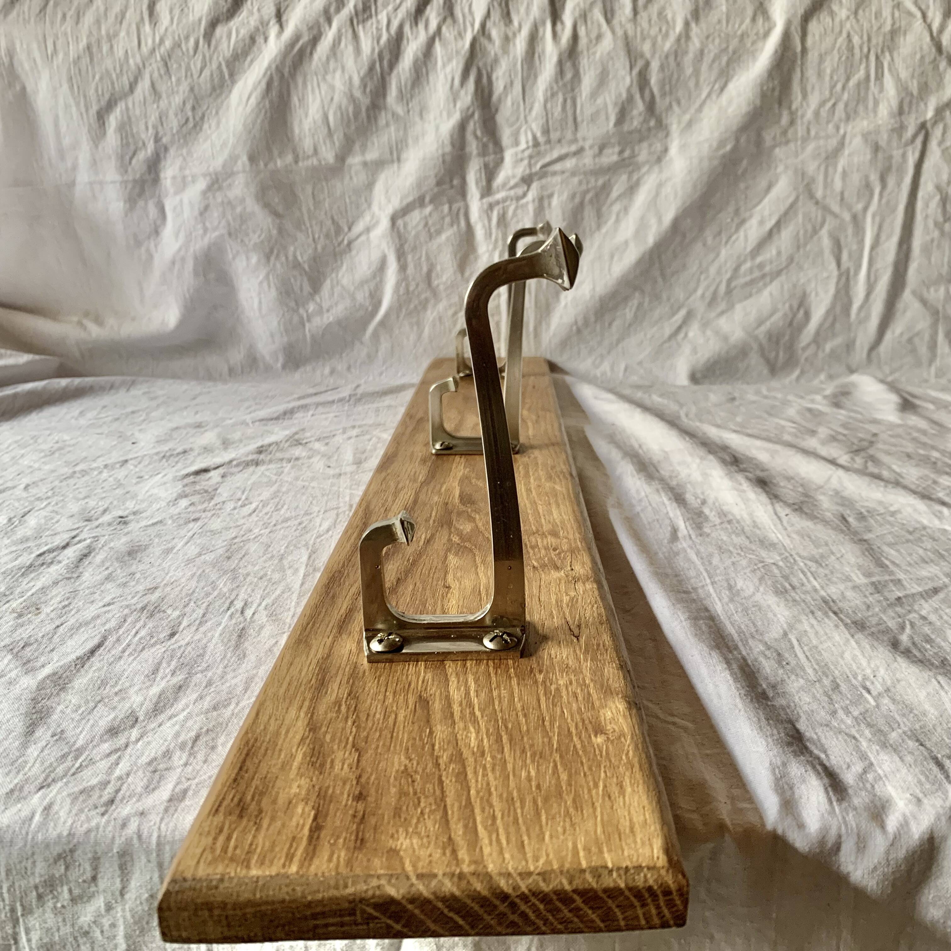 Vintage wooden wall coat rack - 3 chrome metal hooks