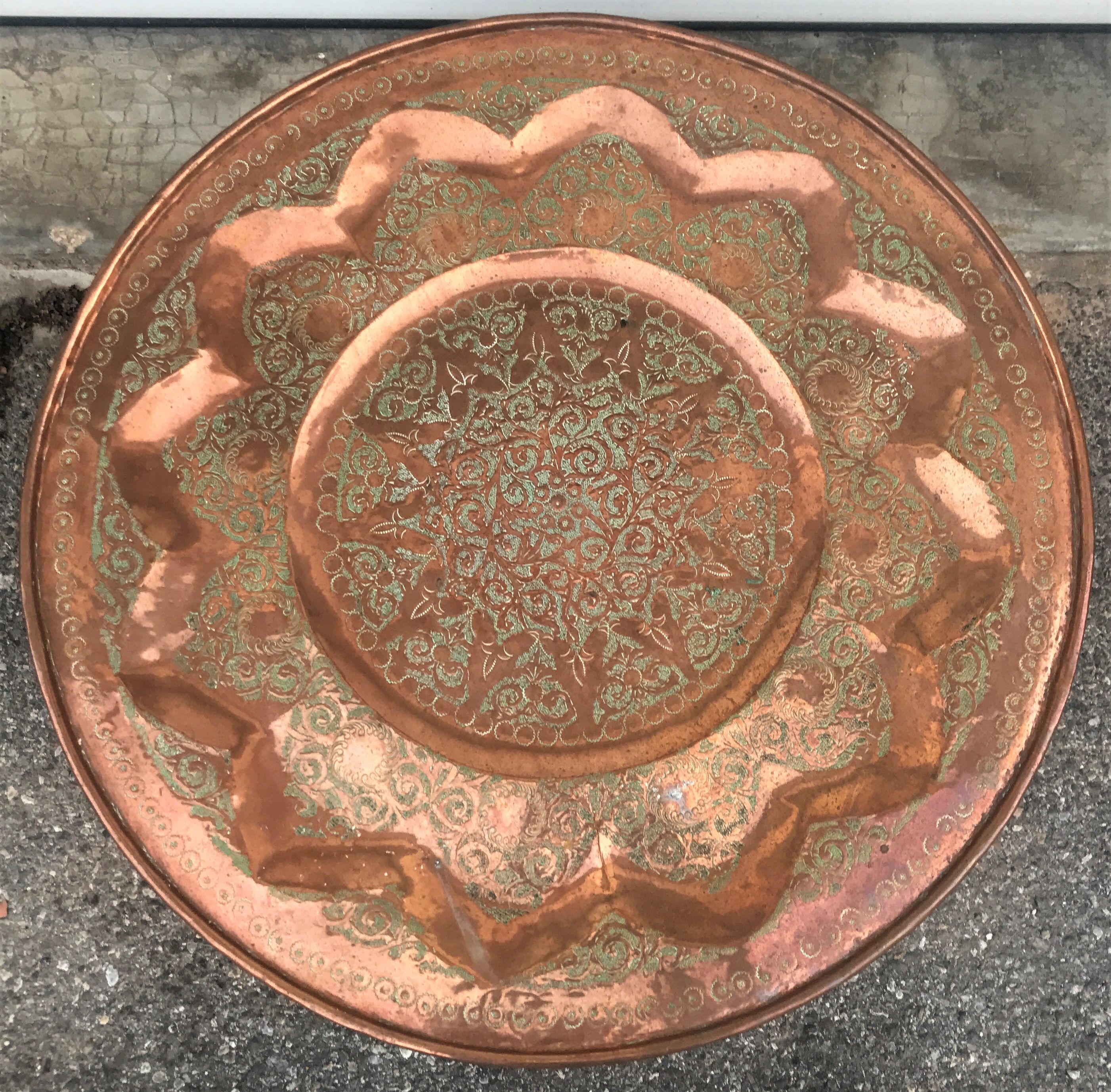 Moroccan copper table on wooden base
