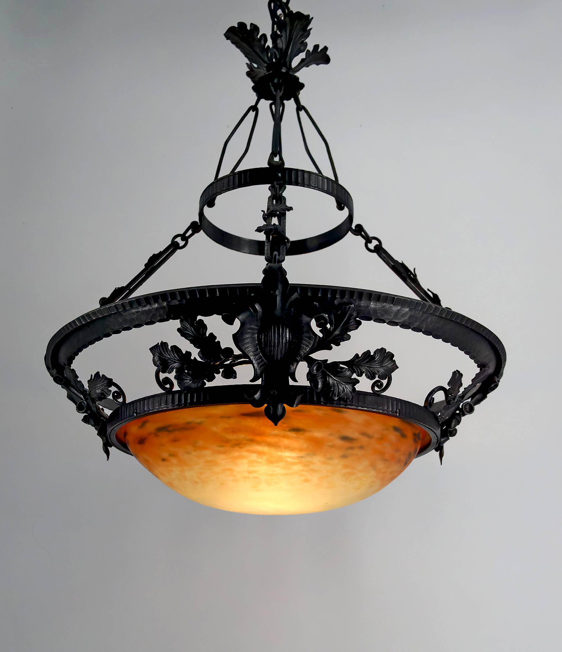 Wrought Iron and Glass Paste Pendant Light, Art Nouveau / Art Deco, Early 20th Century