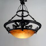 Wrought Iron and Glass Paste Pendant Light, Art Nouveau / Art Deco, Early 20th Century