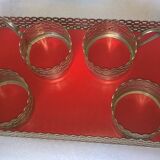 Serving tea tray with 4 glass holders in vintage silver metal