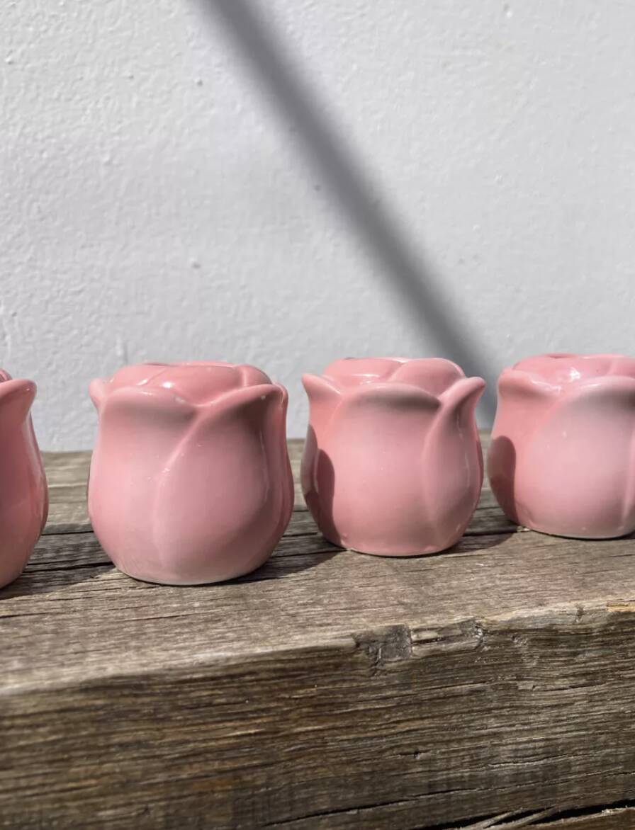 Set of pink flower ceramic candle holders