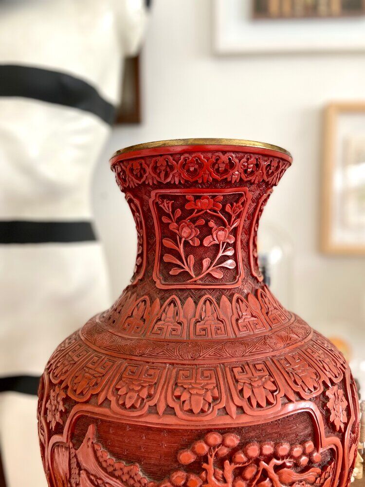 Asian metal vase and red resin