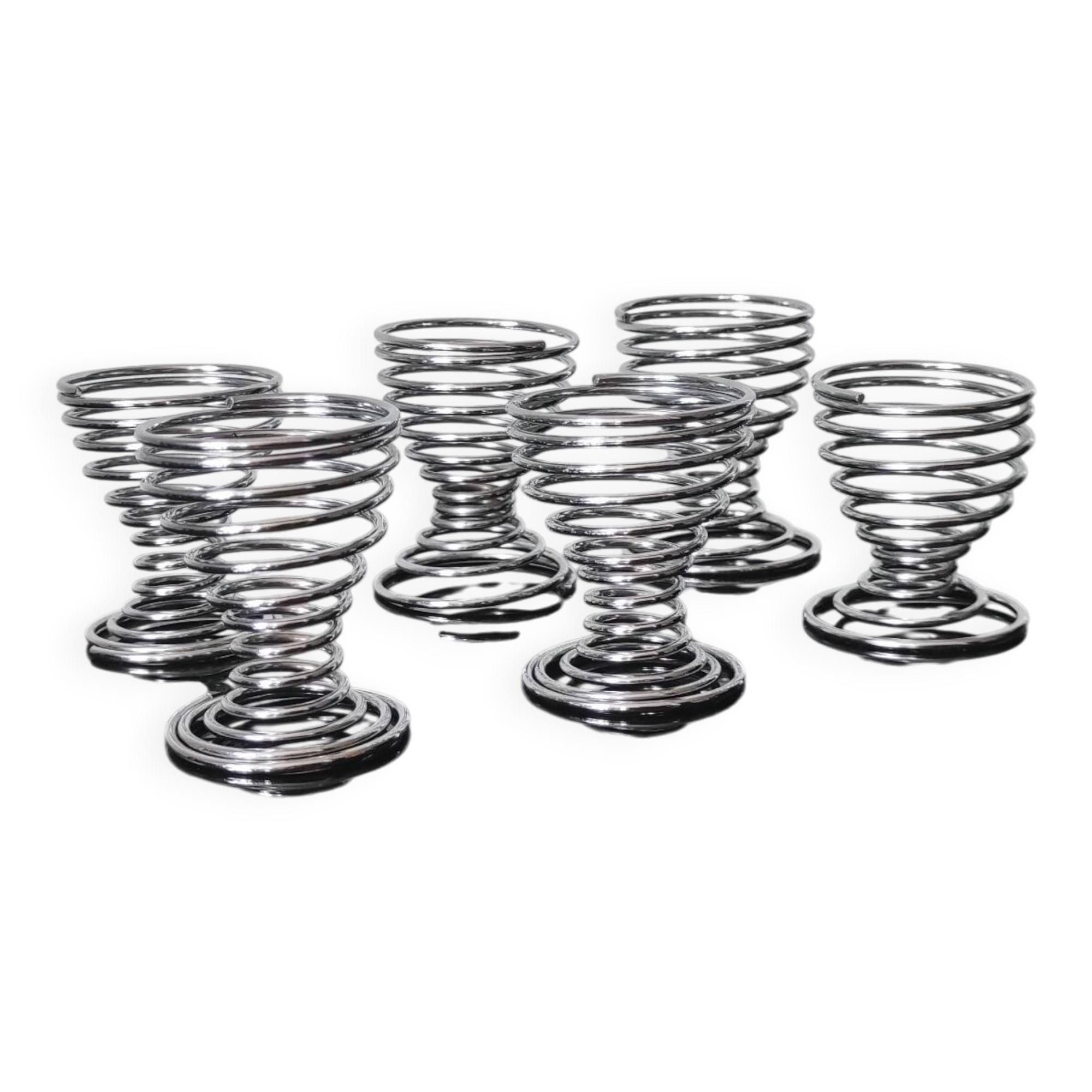 6 vintage chrome metal egg cups in spiral shape, 1970s