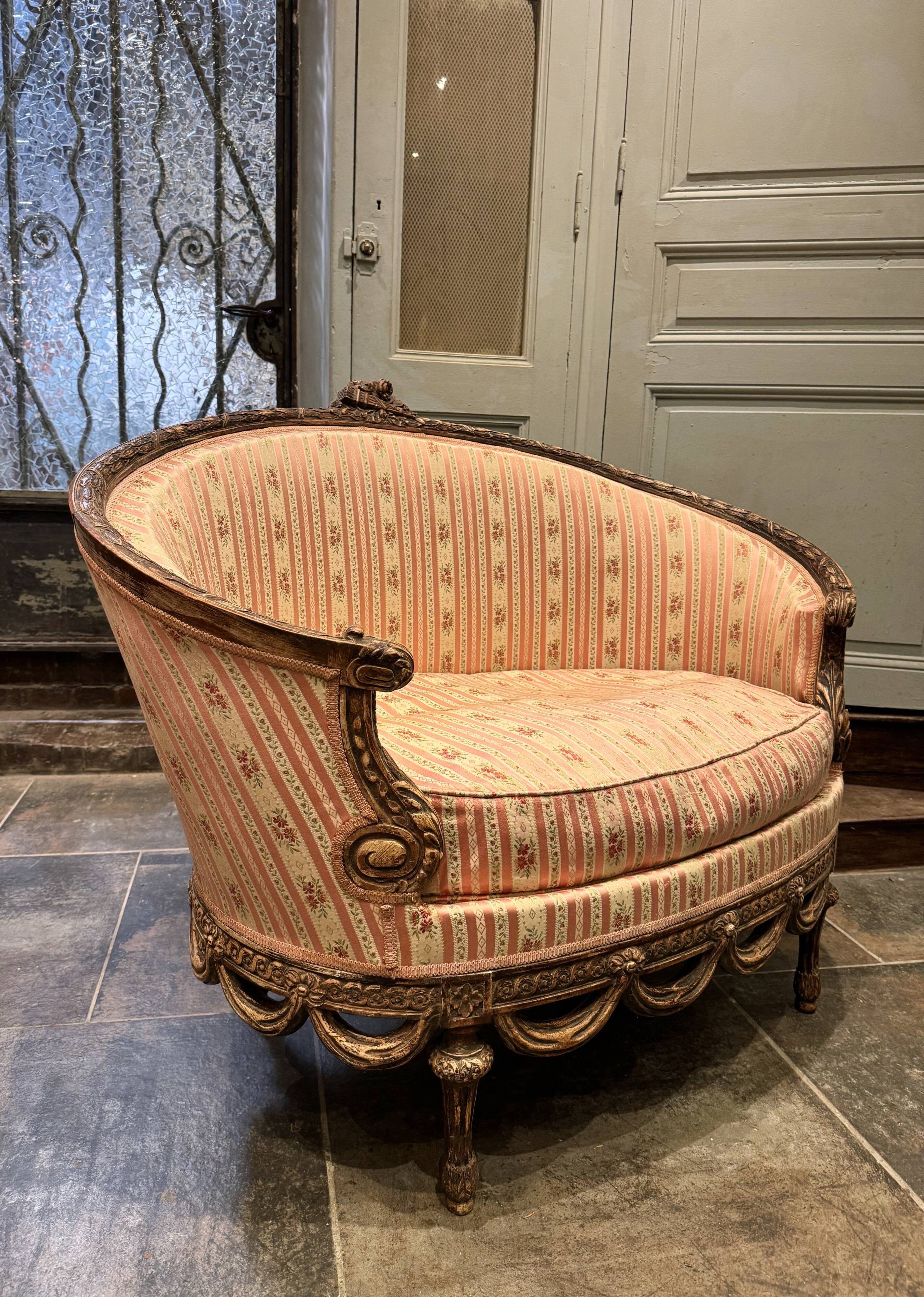 Small Sofa / Marquise From the Napoleon III Period in Waxed Wood in Louis XVI Style