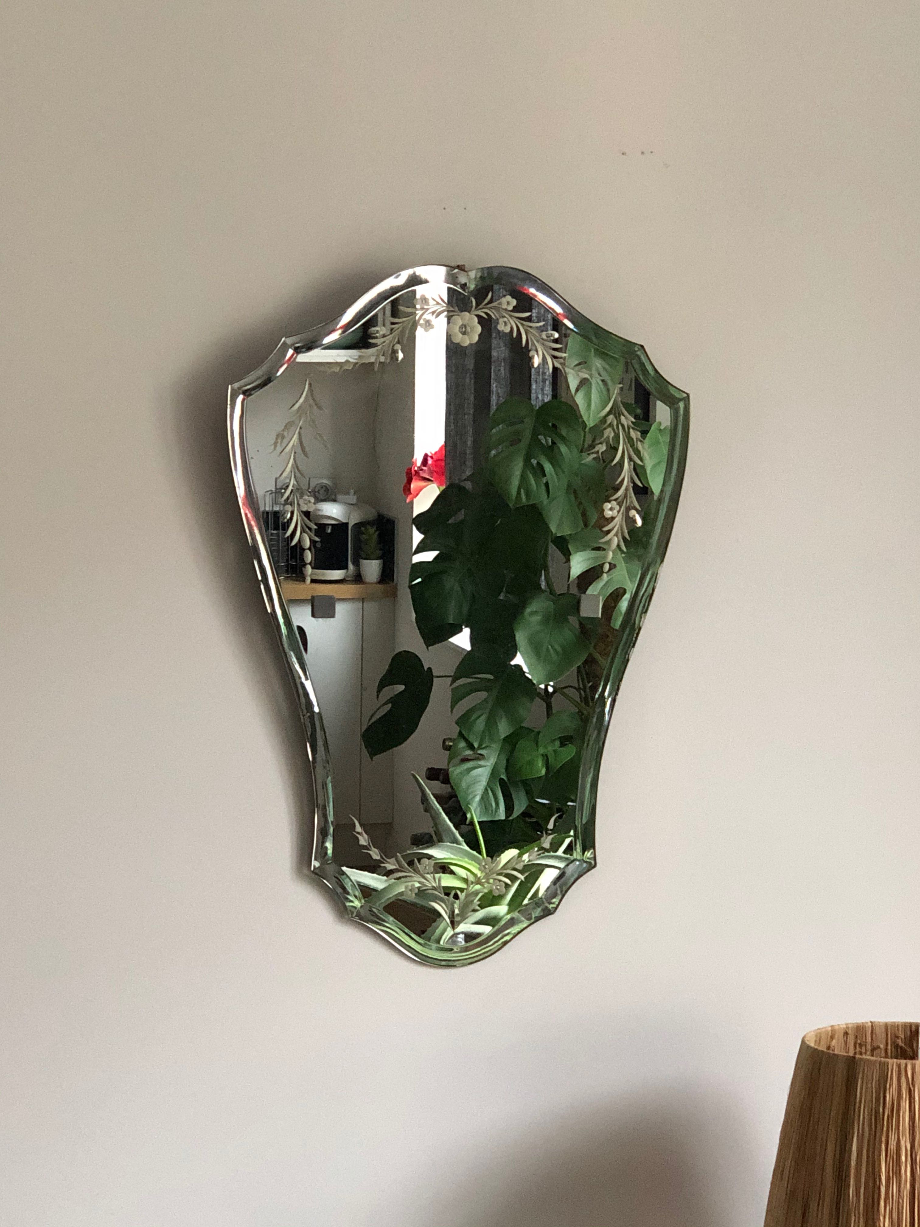 Old bevelled and engraved mirror   43x63cm