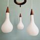 Scandinavian teak and frosted white glass chandelier, 1960.