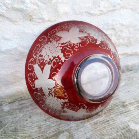 Garnet double crystal salad bowl with Bohemian glass grape motifs.