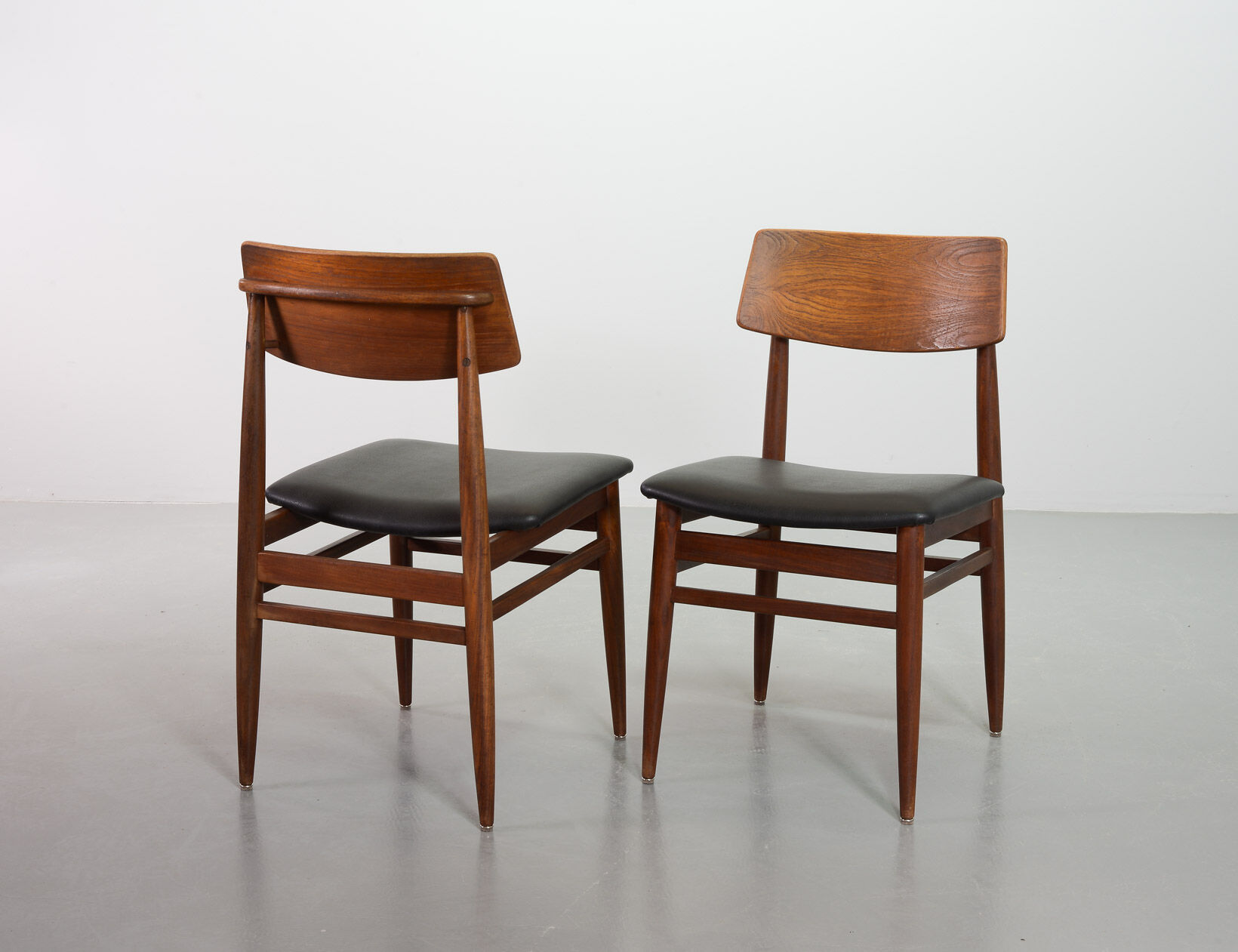 Danish Solid Teak Wooden Dining Chairs with Black Leatherette Seating 1960s